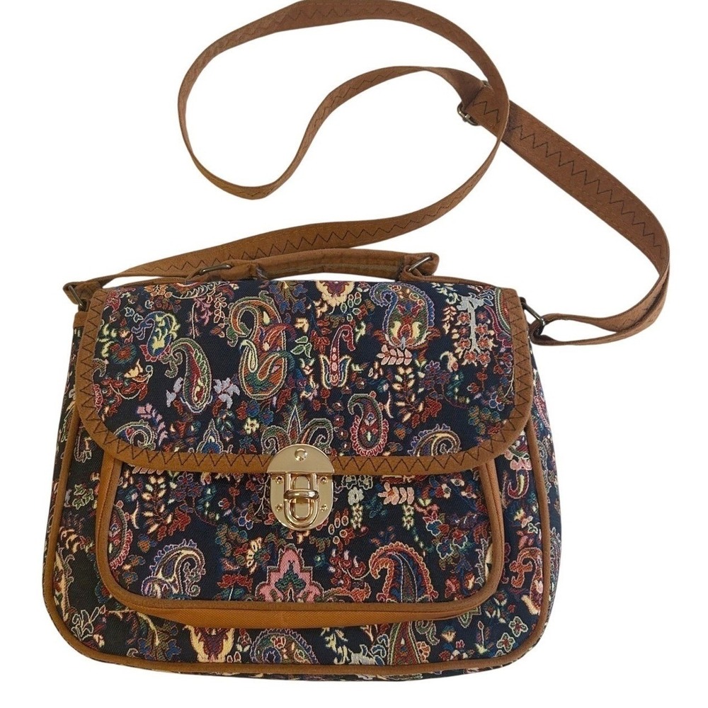Boho Turkish Tapestry Crossbody Purse Faux‎ Leather Trim Paisley Western
